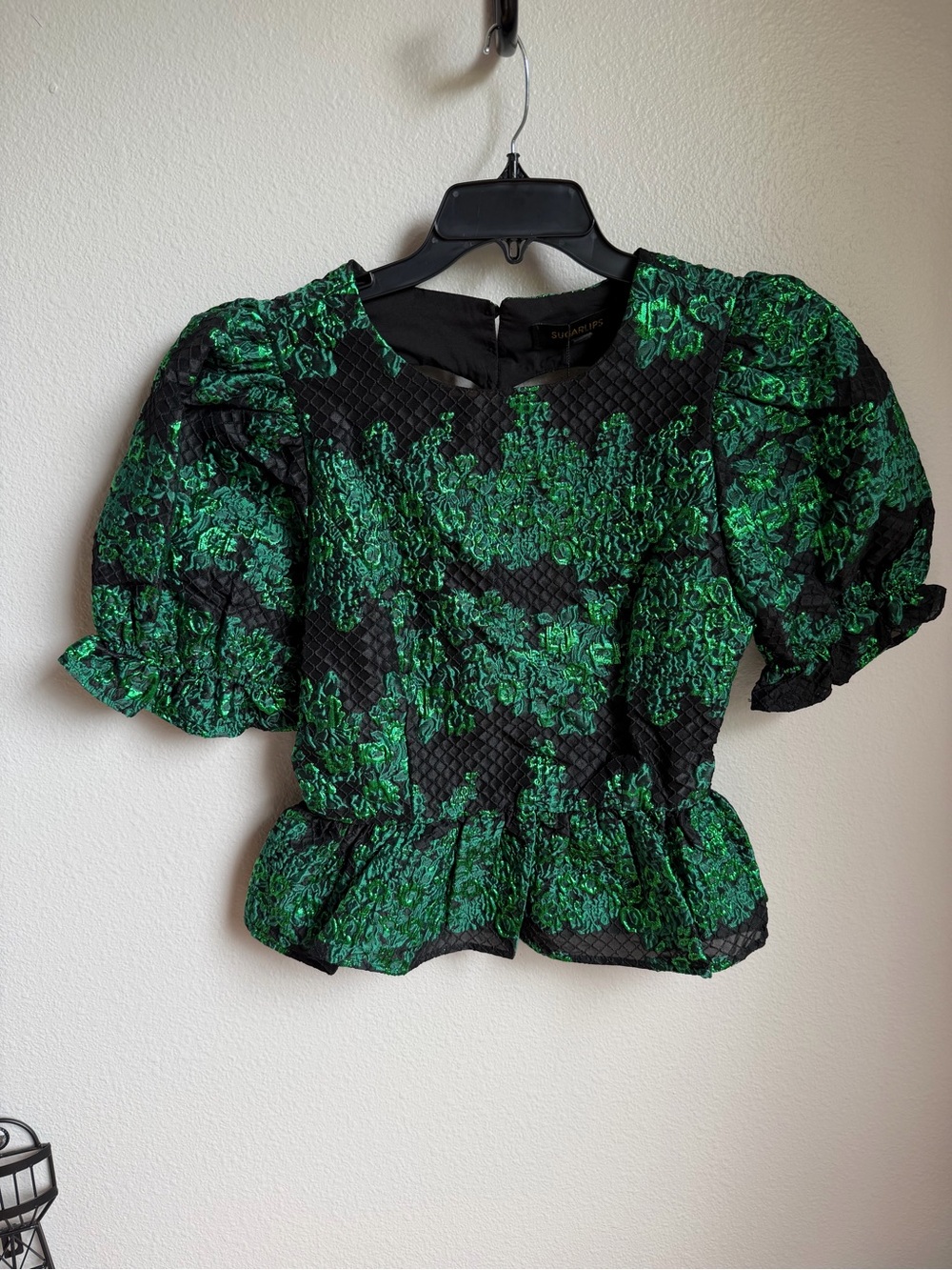 NWT Sugarlips Elyna Jacquard Green Black Puff Sleeve Peplum Blouse Sz S - Picture 5 of 13